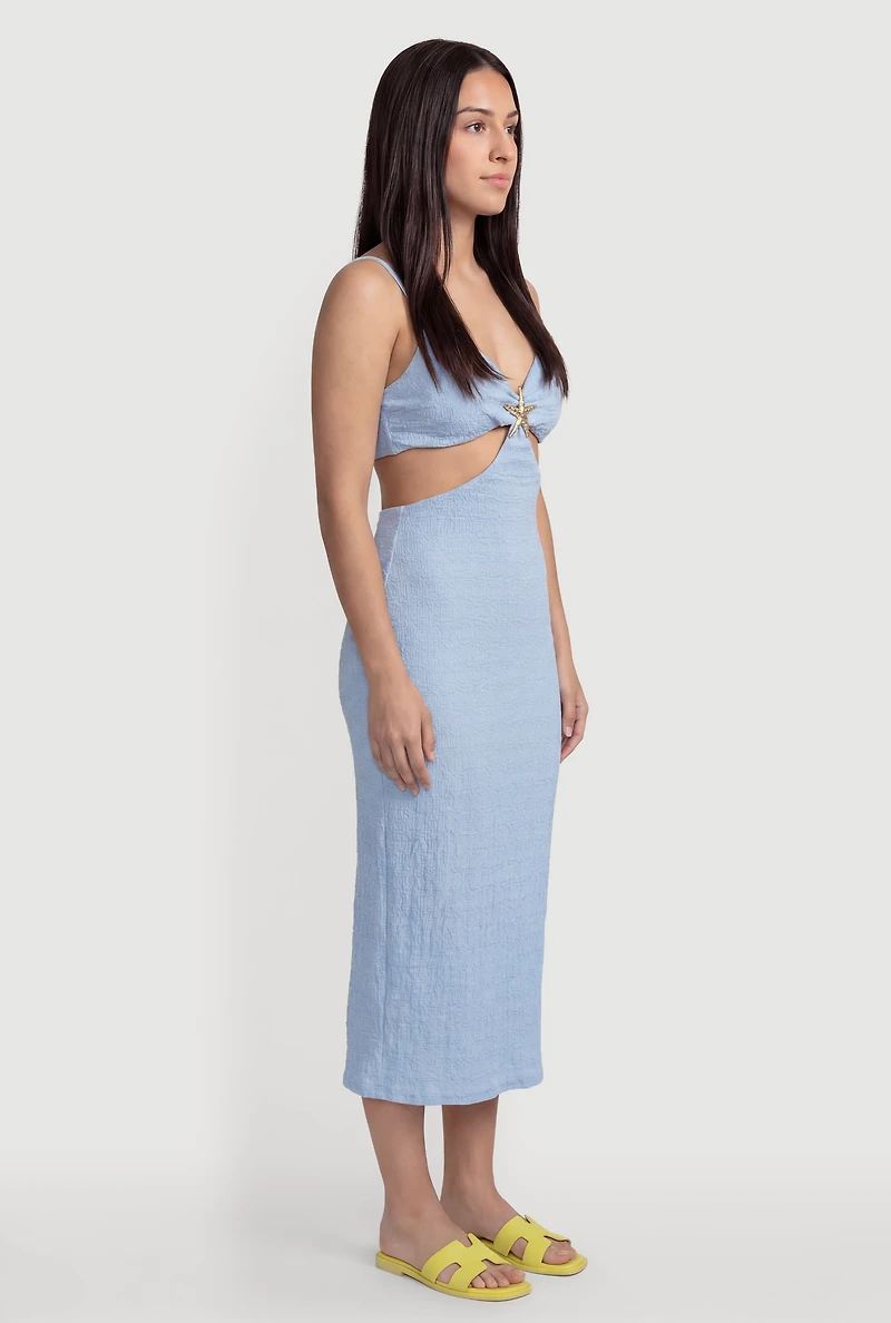 Metallic Starfish Detail Keyhole V Neck Midi Dress