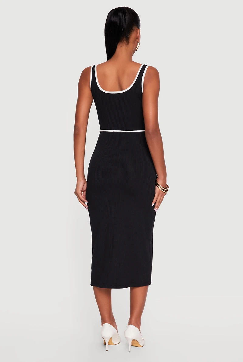 Side Slit Button Detail Contrast Trim Piping Midi Dress