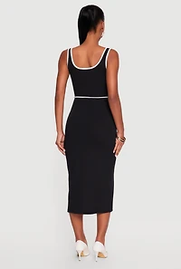Side Slit Button Detail Contrast Trim Piping Midi Dress