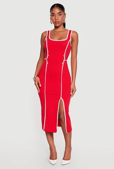 Side Slit Button Detail Contrast Trim Piping Midi Dress