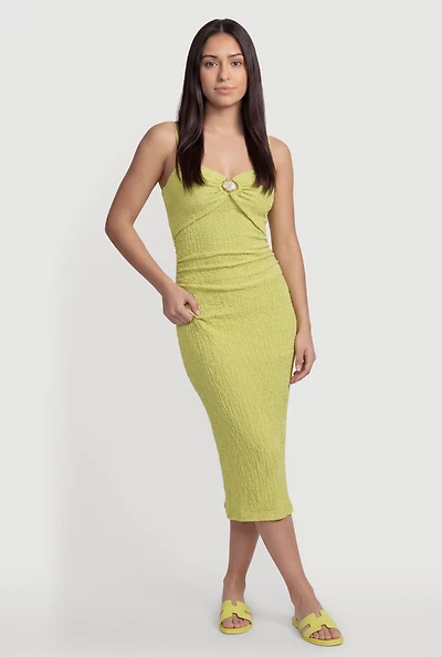 Metallic Detail Textured Knit Back Slit Midi Dress