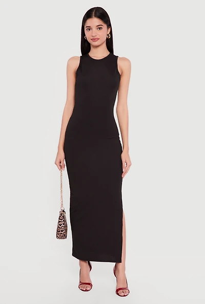 Sleeveless Ribbed Knit Crew Neck Maxi Dress