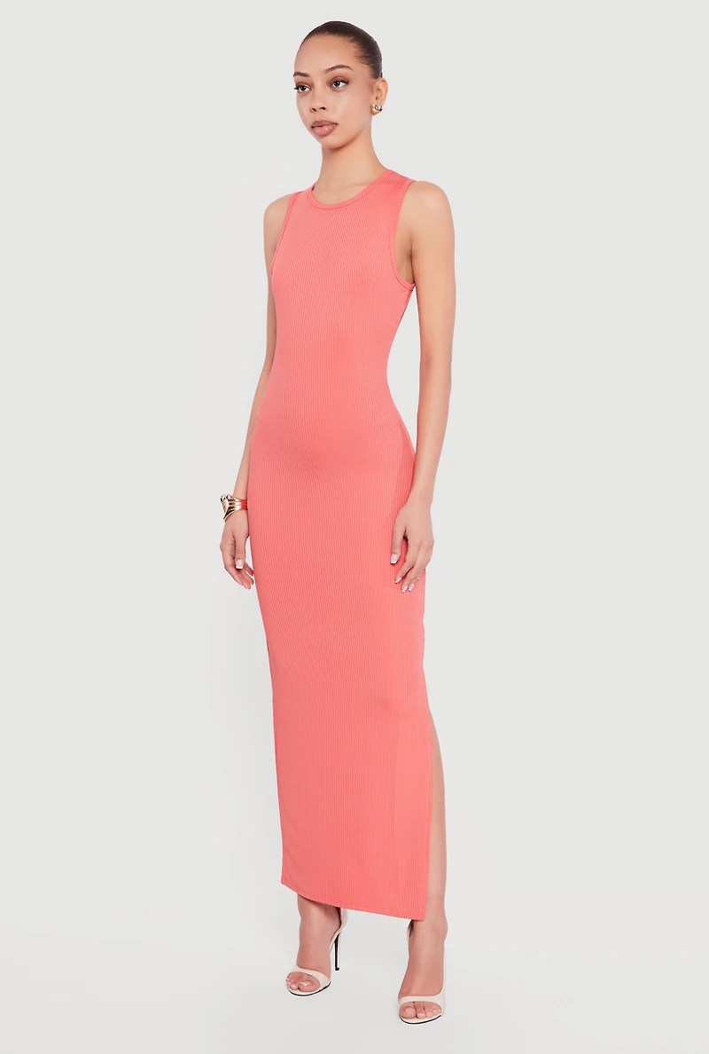 Sleeveless Ribbed Knit Crew Neck Maxi Dress