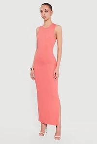 Sleeveless Ribbed Knit Crew Neck Maxi Dress
