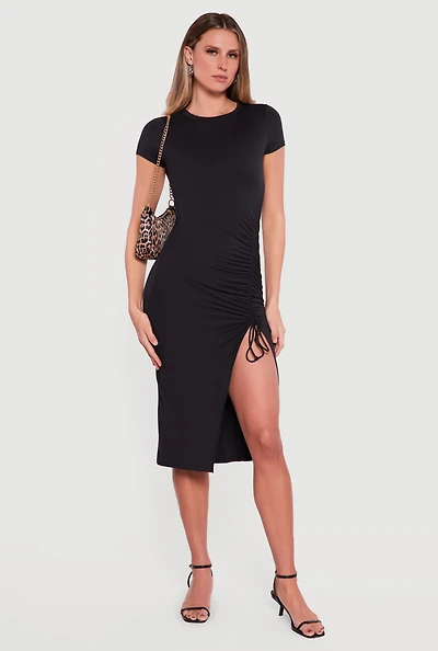 Solid Ruched Drawstring Side Slit Midi Dress