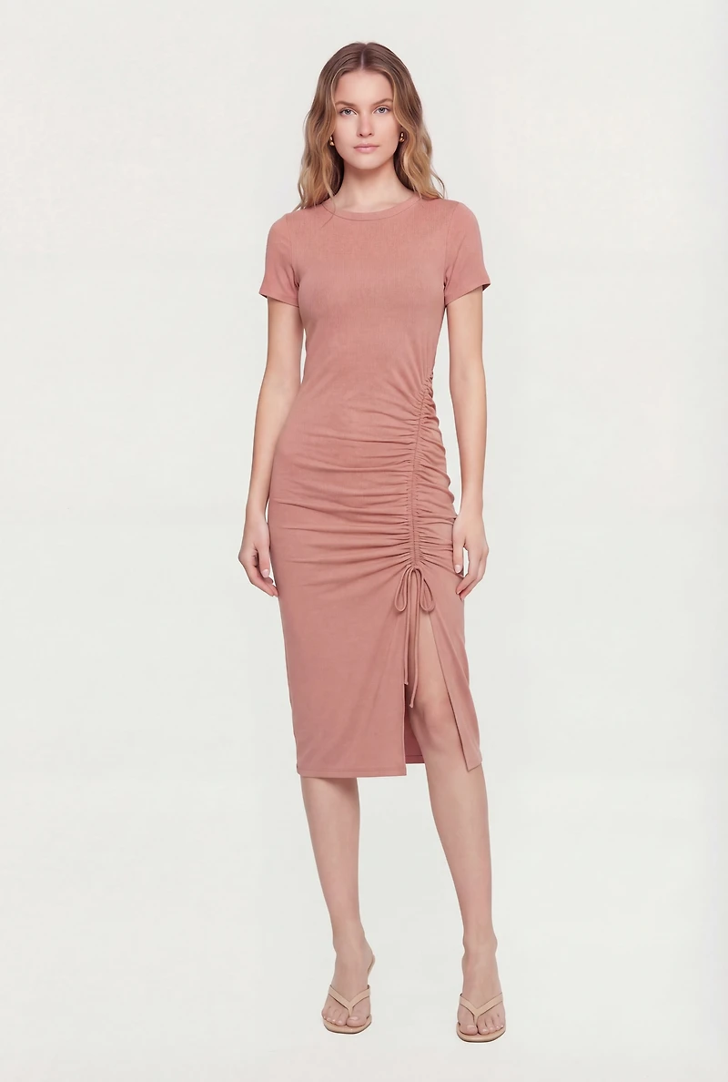 Solid Ruched Drawstring Side Slit Midi Dress