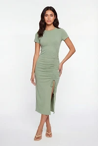 Solid Ruched Drawstring Side Slit Midi Dress
