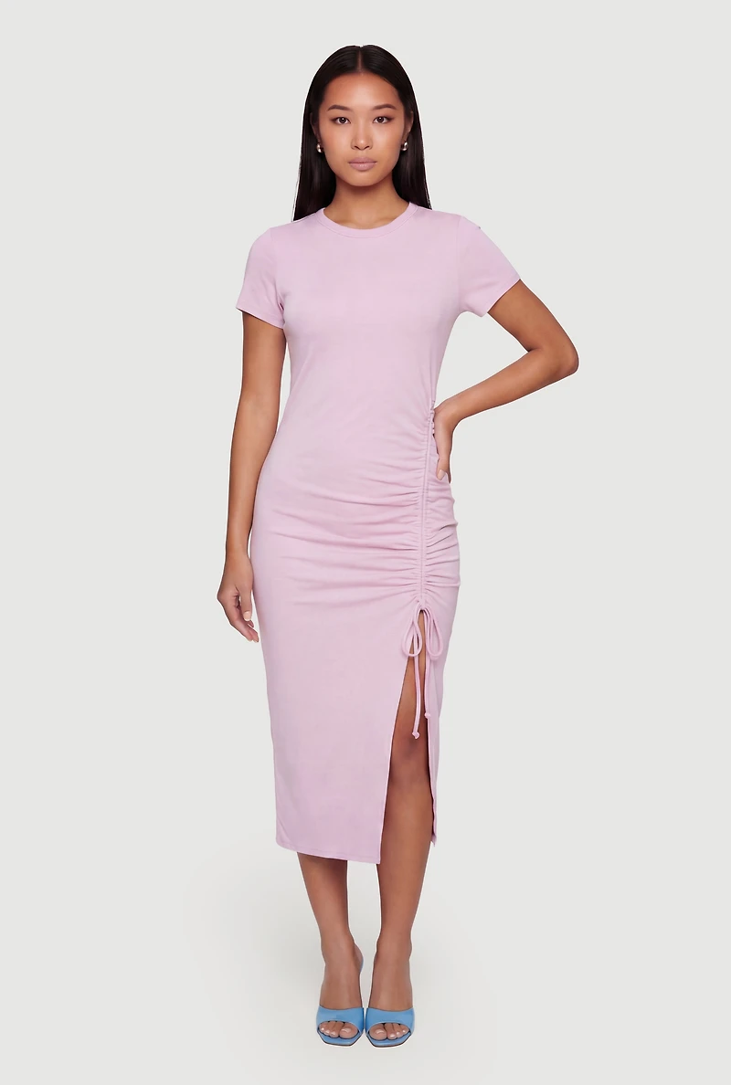 Solid Ruched Drawstring Side Slit Midi Dress