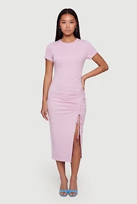 Solid Ruched Drawstring Side Slit Midi Dress