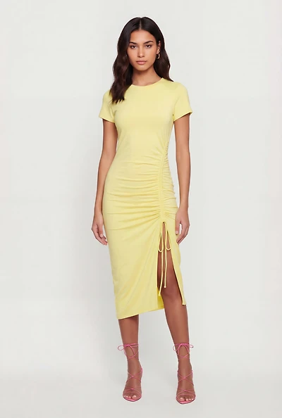 Solid Ruched Drawstring Side Slit Midi Dress