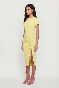 Solid Ruched Drawstring Side Slit Midi Dress