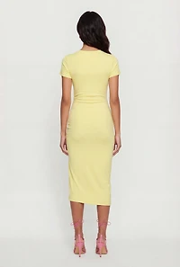 Solid Ruched Drawstring Side Slit Midi Dress