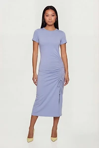 Solid Ruched Drawstring Side Slit Midi Dress