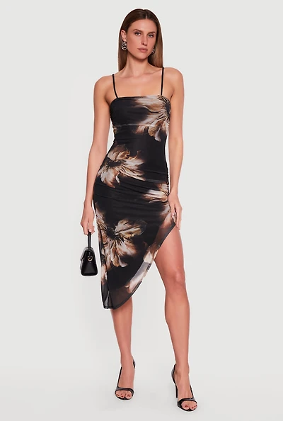 Floral Mesh Overlay Asymmetrical Dress