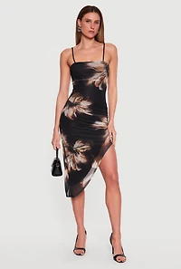Floral Mesh Overlay Asymmetrical Dress