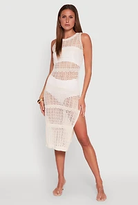 Womens Side Slit Crochet Midi Dress, White, Size M