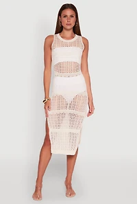 Womens Side Slit Crochet Midi Dress, White,