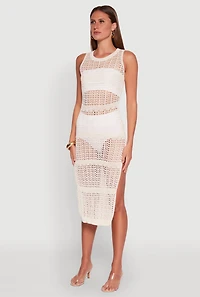 Womens Side Slit Crochet Midi Dress, White,