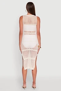 Womens Side Slit Crochet Midi Dress, White,