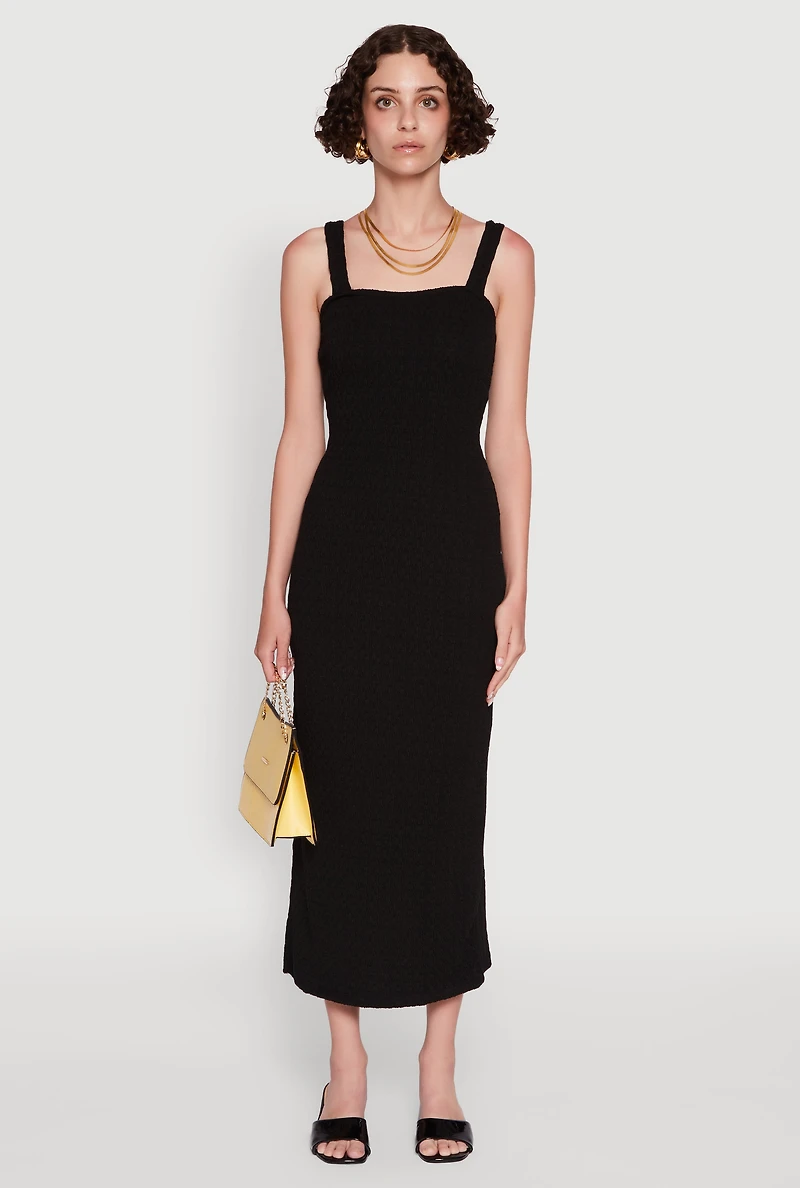 Womens Textured Knit Sleeveless Side Slit Midi Dress, Black, Size S