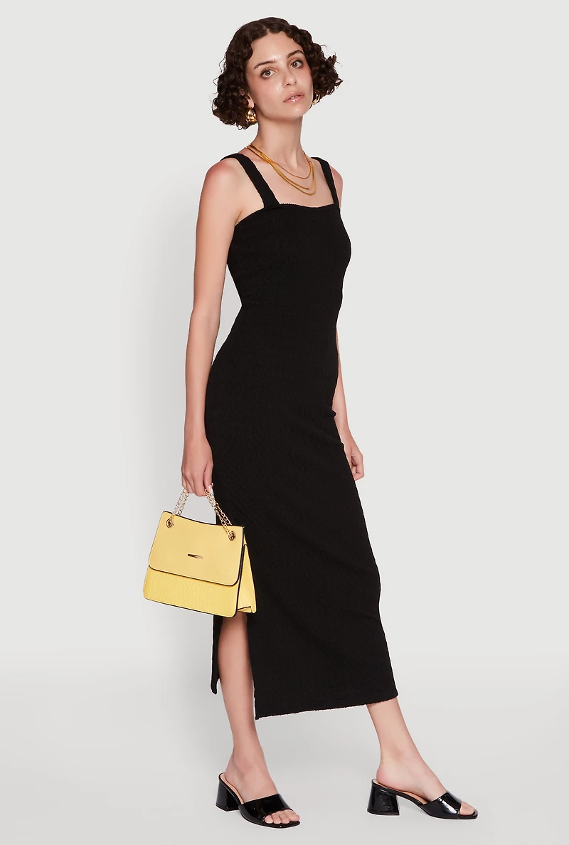 Womens Textured Knit Sleeveless Side Slit Midi Dress, Black, Size S