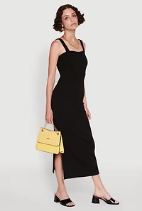 Womens Textured Knit Sleeveless Side Slit Midi Dress, Black, Size S