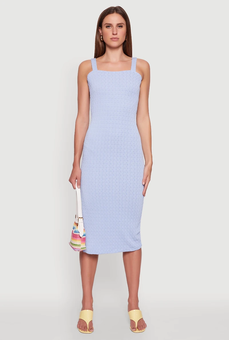 Womens Textured Knit Sleeveless Side Slit Midi Dress, Blue, Size S