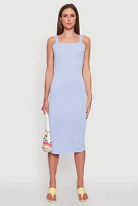 Womens Textured Knit Sleeveless Side Slit Midi Dress, Blue, Size S