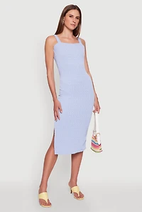 Womens Textured Knit Sleeveless Side Slit Midi Dress, Blue, Size S