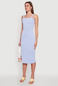Womens Textured Knit Sleeveless Side Slit Midi Dress, Blue, Size S