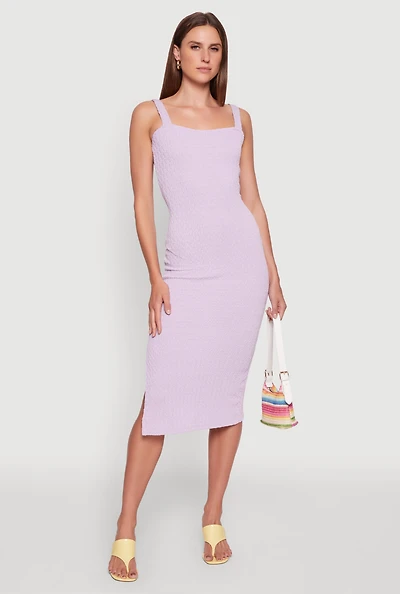 Womens Textured Knit Sleeveless Side Slit Midi Dress, Purple, Size S