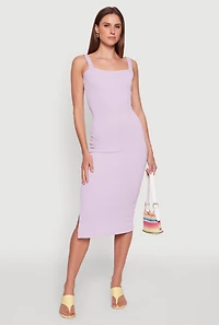 Womens Textured Knit Sleeveless Side Slit Midi Dress, Purple, Size S