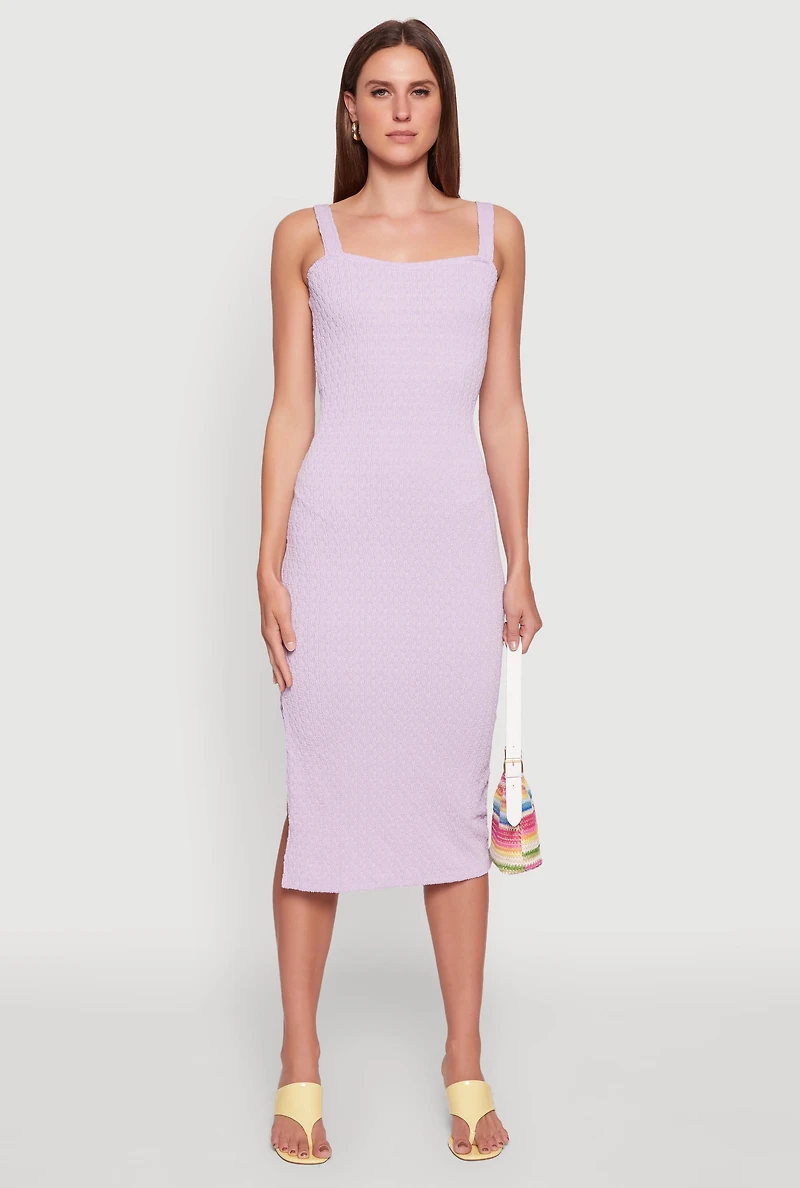 Womens Textured Knit Sleeveless Side Slit Midi Dress, Purple, Size S