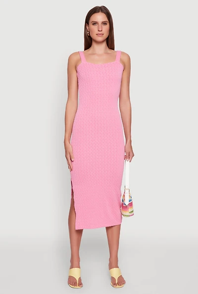 Womens Textured Knit Sleeveless Side Slit Midi Dress,