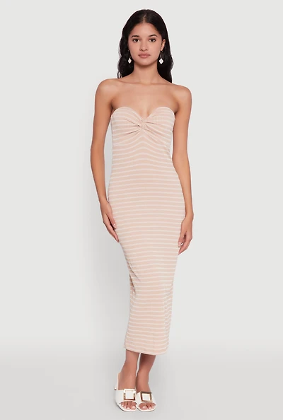 Womens Sweetheart Strapless Striped Tube Dress, Beige,