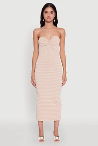 Womens Sweetheart Strapless Striped Tube Dress, Beige,