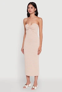 Womens Sweetheart Strapless Striped Tube Dress, Beige,