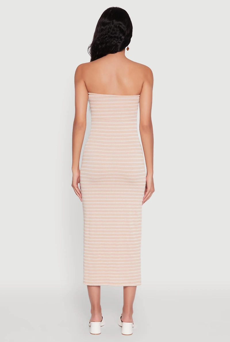 Womens Sweetheart Strapless Striped Tube Dress, Beige,