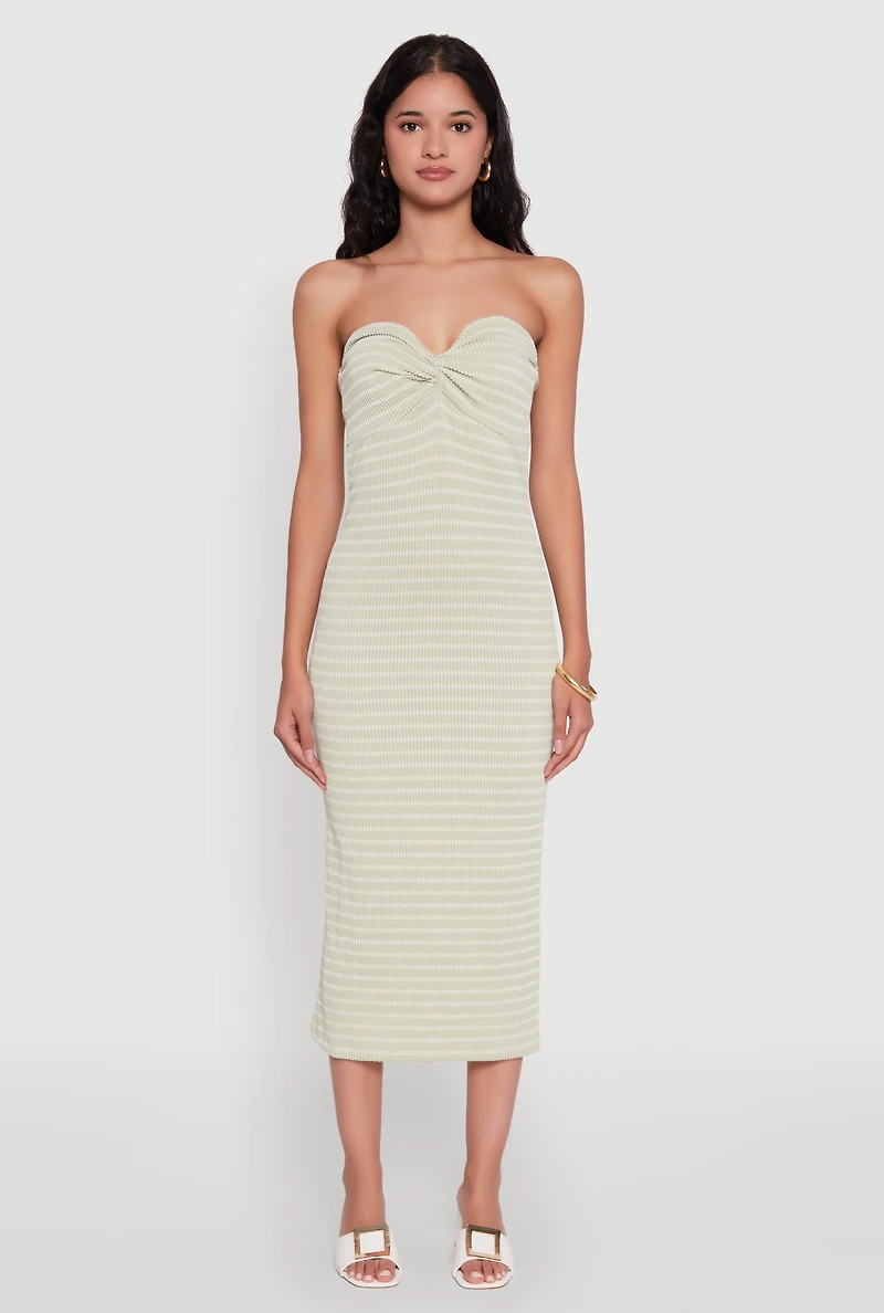 Womens Sweetheart Strapless Striped Tube Dress, Green, Size M