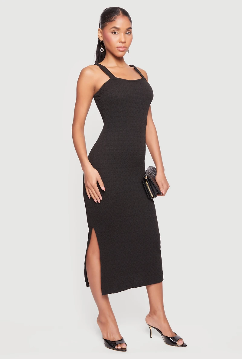 Textured Knit Square Neck Side Slit Midi Dress