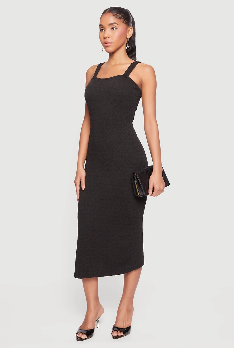 Textured Knit Square Neck Side Slit Midi Dress