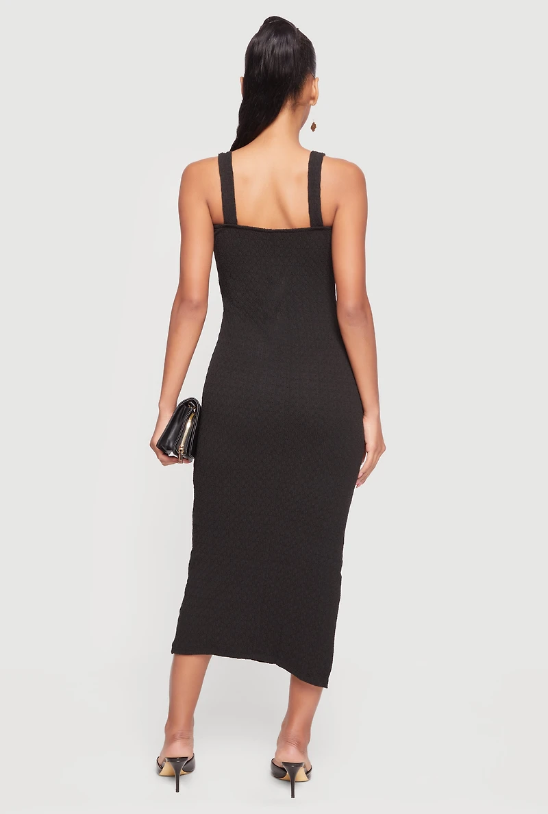 Textured Knit Square Neck Side Slit Midi Dress