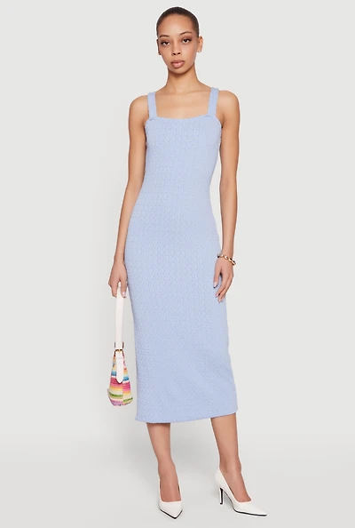 Textured Knit Square Neck Side Slit Midi Dress