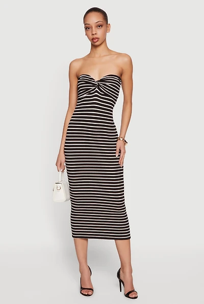 Striped Rib Knit Twist Front Tube Dress