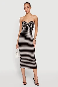 Striped Rib Knit Twist Front Tube Dress