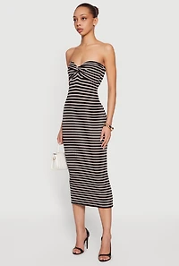 Striped Rib Knit Twist Front Tube Dress
