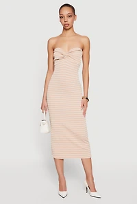 Striped Rib Knit Twist Front Tube Dress