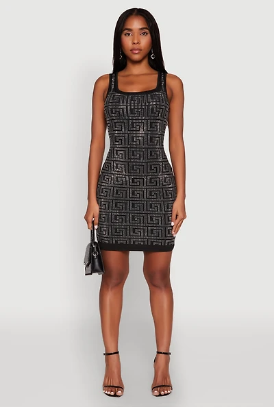 Womens Greek Key Rhinestone Mini Dress, Black, Size S