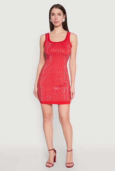 Womens Greek Key Rhinestone Mini Dress, Red, Size M