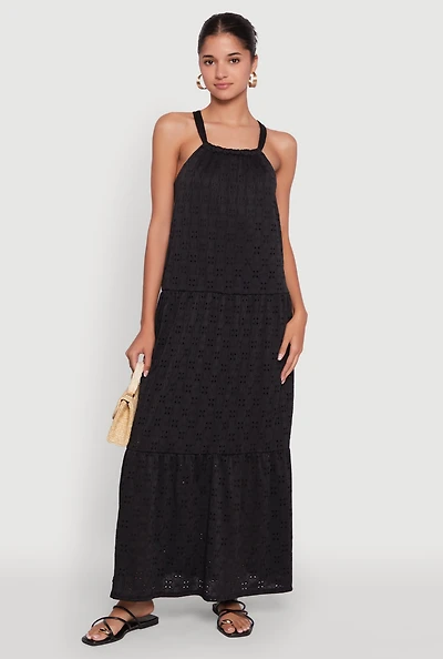 Womens Eyelet Tiered A-Line Maxi Dress,